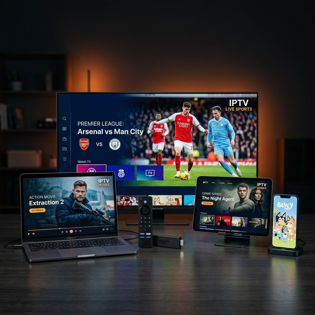 IPTV funcionando simultaneamente em Smart TV, Tablet, Celular e Laptop