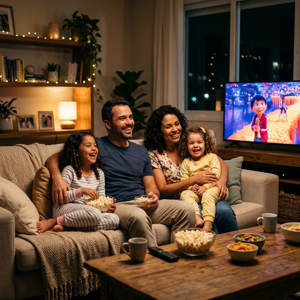 Família assistindo a um filme no catálogo IPTV na TV da sala