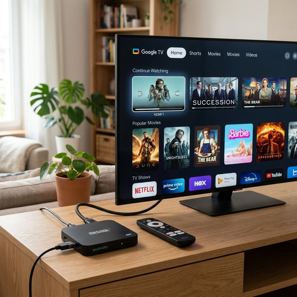 Aparelho TV Box Android ligado na televisão rodando IPTV