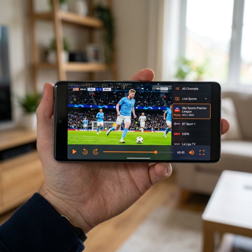 Aplicativo XCIPTV Player rodando no celular Android com jogo de futebol ao vivo